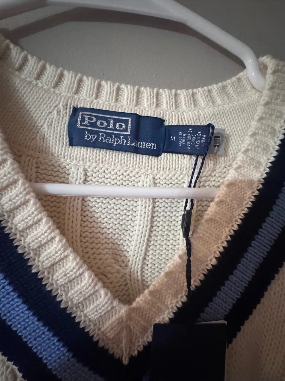 Polo by Ralph Lauren Cream Cable-Knit V-Neck Sweater with Blue Trim